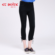 Et Boite/法文箱子夏季新品九分小脚裤 绑绳黑色牛仔裤女E6A209图片