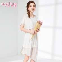 阿依莲2019夏装新款女连衣裙韩版气质短袖修身收腰显瘦圆领一步裙