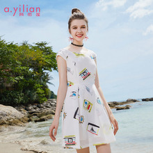 阿依莲2018夏装新品韩版修身连衣裙女小清新V领无袖印花A字裙图片