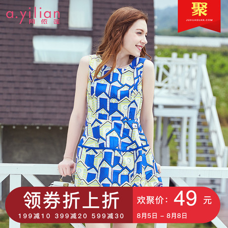 阿依莲2018夏装新款时尚廓形短裙圆领无袖复古印花修身显瘦连衣裙商品大图