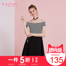 阿依莲2018夏季新款一字领露肩条纹拼接黑色连衣裙女气质a字裙图片