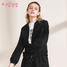 阿依莲2018秋季新款女短款外套宽松口袋个性机车服夹克复古短外套图片