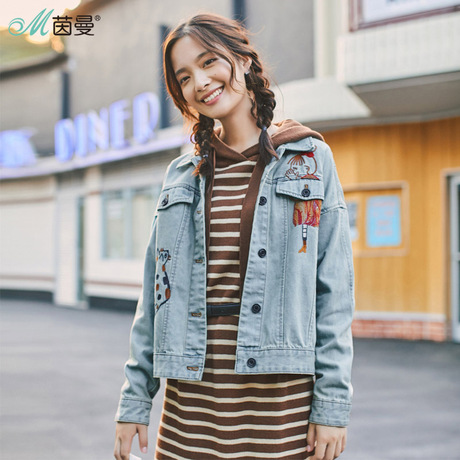 茵曼旗舰店2018秋装新款女装牛仔衣服宽松刺绣牛仔短外套春秋上衣商品大图