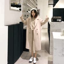 舒雪儿毛呢外套女中长款韩版2018新款长袖修身显瘦杏色黑色双排扣图片