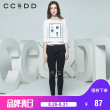 CCDD春装新品专柜正品罗纹圆领印花短款长袖 套头衫女蕾丝衫图片
