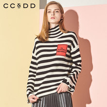 CCDD2018冬装新品专柜正品时尚韩版高领贴布套头针织衫女条纹上衣图片