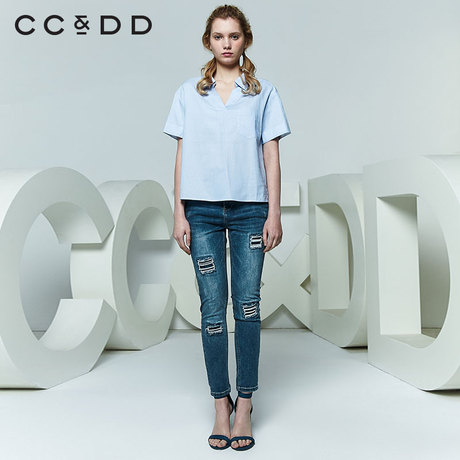 CCDD2018夏装新品专柜正品v领后背交叉绑带短袖衬衫女套头上衣潮商品大图