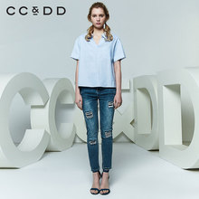 CCDD2018夏装新品专柜正品v领后背交叉绑带短袖衬衫女套头上衣潮图片