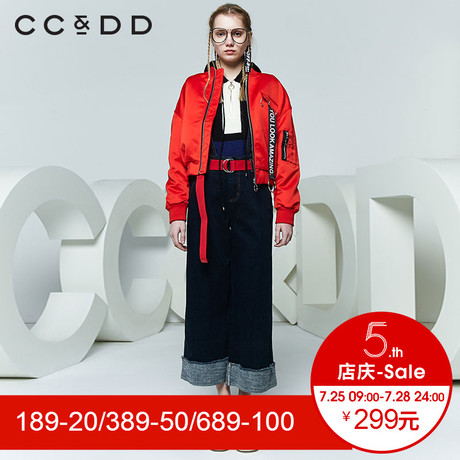 CCDD2018春新红色棒球服潮字母飘带短款飞行员夹克女帅气街头外套商品大图