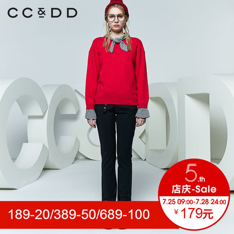 CCDD2018春装新品专柜正品韩版学院风假两件针织衫女红色套头上衣商品大图