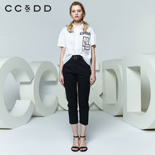 CCDD2018夏装新品专柜正品时尚后开叉系带白色印花短袖衬衫女上衣图片