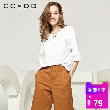 CCDD2018秋装新品专柜正品时尚宽松甜美圆领T恤女短袖薄款上衣商品大图
