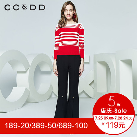 CCDD2018秋装新品专柜正品时尚韩版圆领条纹套头针织衫女毛衫上衣商品大图
