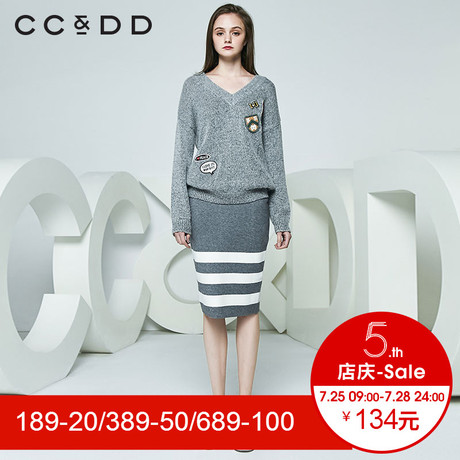 CCDD2018春装新品专柜正品时尚韩版V领贴布绣针织衫女套头毛衫商品大图