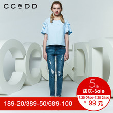 CCDD2018夏装新品专柜正品短款直筒圆领荷叶短袖衬衫女套头上衣潮图片