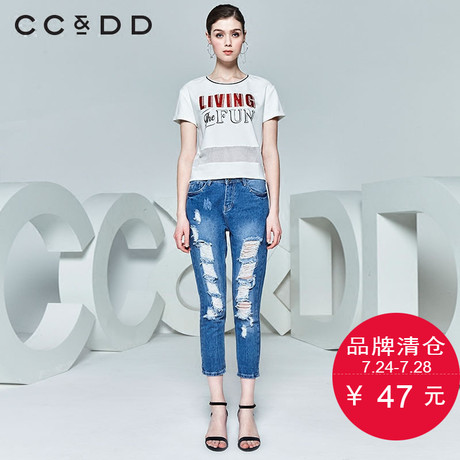 CCDD夏装新品专柜正品女字母印花圆领网纱拼接短袖t恤白色潮商品大图
