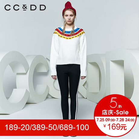 CCDD2018春装新品专柜正品韩版学生彩色领肩拼接套头针织衫女毛衫商品大图