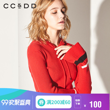 CCDD2018冬装新品专柜正品系带韩版时尚黑白条纹连帽针织衫女上衣商品大图