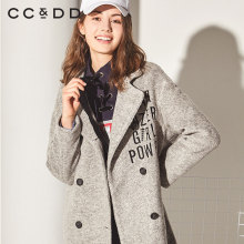 CCDD2018冬装新品专柜正品时尚字母印花西装领双排扣中长毛呢大衣图片