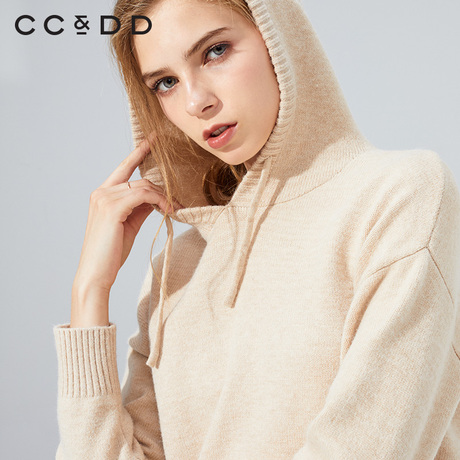【预售】CCDD2018冬装新品专柜正品连帽时尚纯色系带宽松套头毛衣商品大图