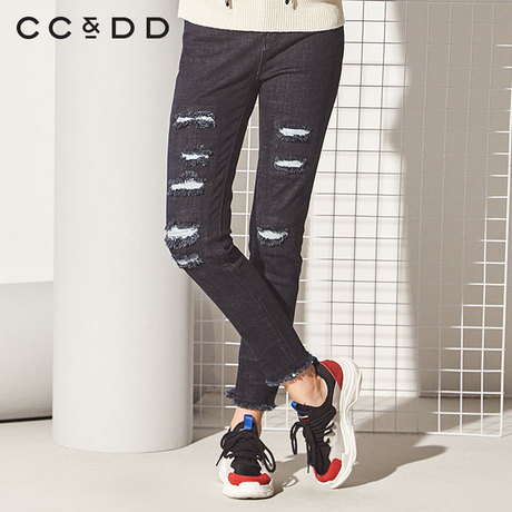 CCDD2018冬装新品专柜正品时尚磨破深色直筒裤中腰显瘦牛仔长裤商品大图