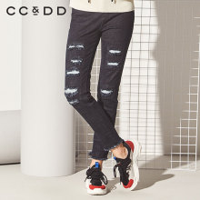 CCDD2018冬装新品专柜正品时尚磨破深色直筒裤中腰显瘦牛仔长裤图片