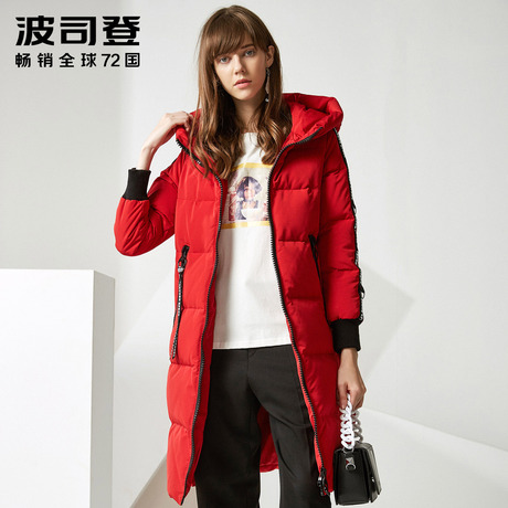 波司登中长款时尚印花潮酷织带女款加厚保暖红色羽绒服B70142134商品大图