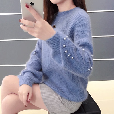 原宿秋冬套头钉珠毛衣外套女宽松灯笼袖针织打底衫秋装女2018新款