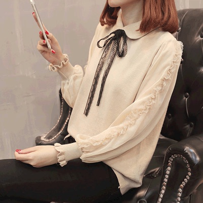 秋装女2018新款韩版蕾丝袖蝴蝶结薄款毛衣外套女宽松假两件套上衣