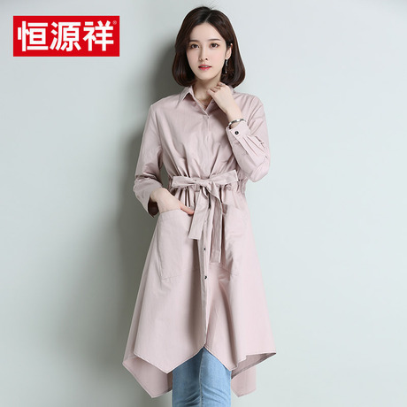 恒源祥2018春秋季新款女风衣中长款九分袖裙摆型方领显瘦上衣外套商品大图