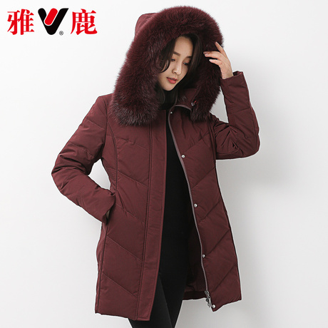 yaloo/雅鹿狐狸毛领款冬羽绒服女式 中长款 修身显瘦商品大图