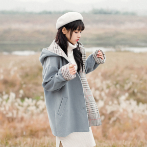日系加厚文艺连帽毛呢大衣