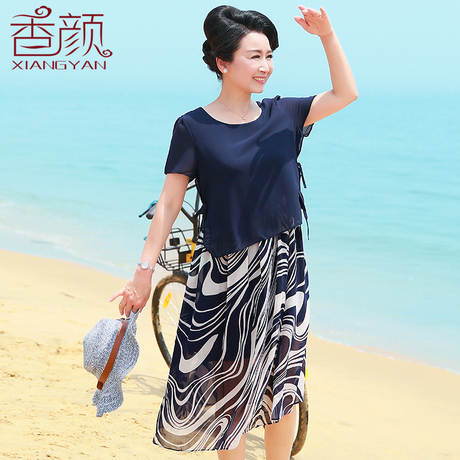 2018新款中老年女装夏装短袖雪纺连衣裙50岁中年妈妈装中长款裙子商品大图