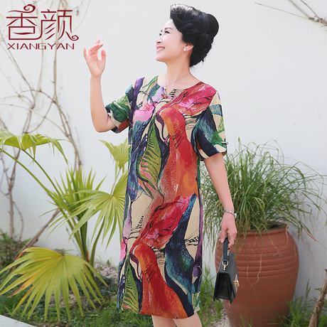 中老年人女装夏装棉绸连衣裙40岁50妈妈夏季大码裙子中年女士衣服商品大图