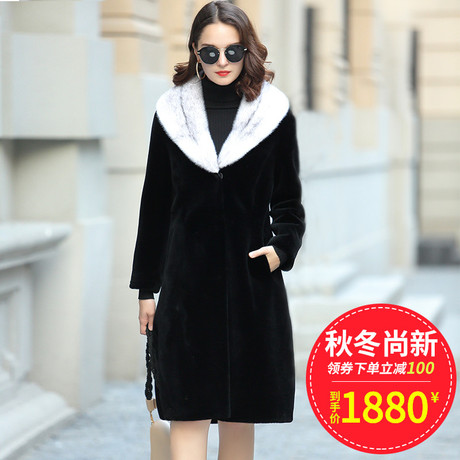 2018冬季新款女装海宁羊剪绒十字水貂皮草大衣修身中长款羊毛外套商品大图