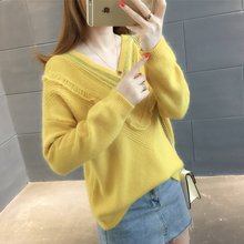 2018春季新款针织衫毛衣女装韩版宽松V领纯色木耳边休闲套头上衣图片