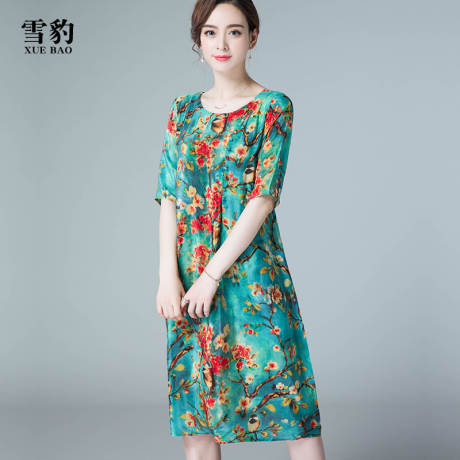 2018夏季女装新款短袖真丝连衣裙中长款印花宽松桑蚕丝妈妈装裙子商品大图