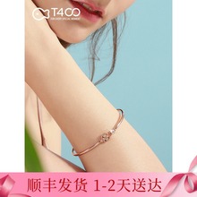 T400开口手镯女四叶草镶施华洛世奇纯银简约学生网红森系玫瑰金