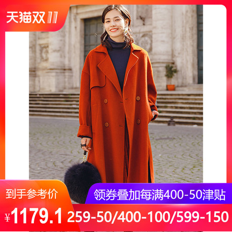 茵曼2018秋装新款英伦风开叉摆双排扣呢大衣呢外套女过膝厚实保暖商品大图