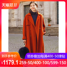 茵曼2018秋装新款英伦风开叉摆双排扣呢大衣呢外套女过膝厚实保暖图片
