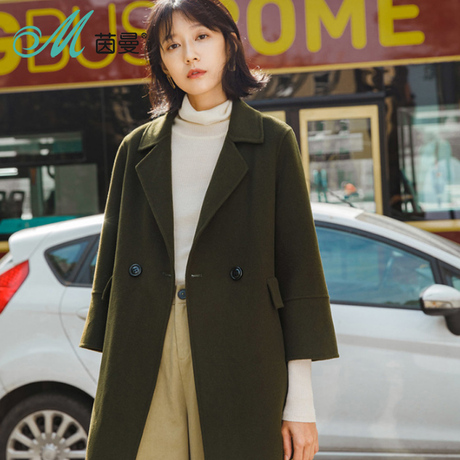 茵曼旗舰店2018秋装新款纯色百搭翻领七分袖双面呢外套女毛呢大衣商品大图