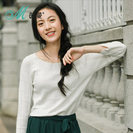 茵曼旗舰店2018秋装新款百搭船领格纹修身针织衫套头毛衣女打底衫商品大图