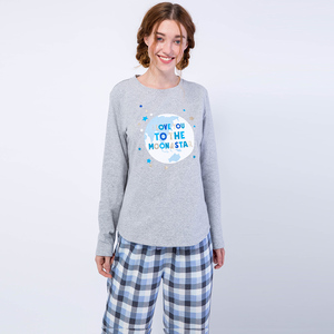 PJM春秋睡衣女纯棉长袖套头印花时尚宽松T恤休闲舒适可外穿单上衣