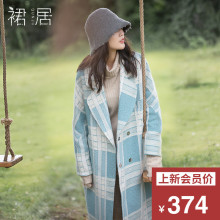 裙居蓝白格子毛呢外套女风衣秋冬新款2018宽松中长款羊毛呢大衣女图片