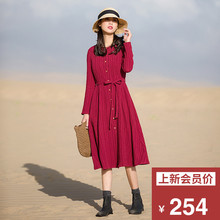 裙居红色棉麻连衣裙女秋2018新款中长款长袖文艺A字裙亚麻长裙子图片