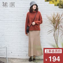 裙居浅咖色羊毛针织半身裙秋女2018新款A字裙宽松文艺打底半裙子图片