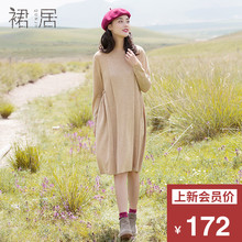 裙居长袖羊毛针织连衣裙秋装女2018新款中长款圆领文艺宽松长裙子图片