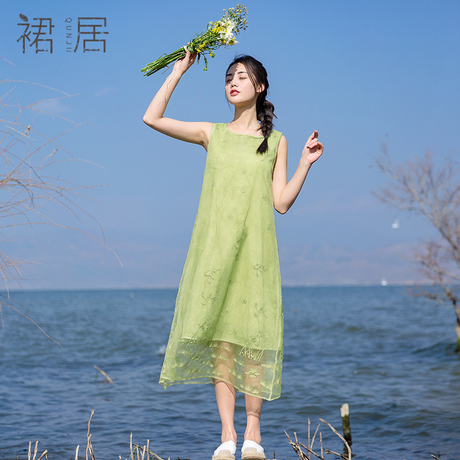 裙居无袖真丝连衣裙夏装2018新款女中长款打底裙刺绣桑蚕丝背心裙商品大图