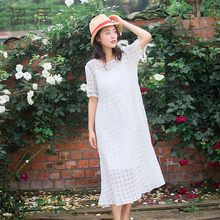 裙居棉麻宽松白色连衣裙女夏2018新款中长款A字裙镂空仙女长裙子图片