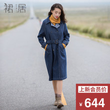 裙居蓝色牛仔羊毛呢外套中长款秋装女2018新款宽松双面呢子大衣女图片